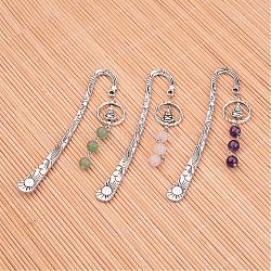 Antique Silver Plated Alloy Bookmarks, with Alloy Buddha Pendants and Gemstone Round Beads, 122x22x2mm(AJEW-JK00116)