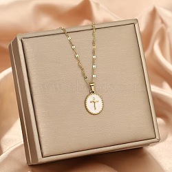 201 Stainless Steel Enamel Oval with Cross Pendant Necklaces, Golden, White, 17.72 inch(45cm)(FS-WG9DA99-02)