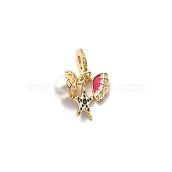 Rack Plating Brass Cubic Zirconia European Dangle Charms, Hot Pink Enamel Shell Shape & Starfish Large Hole Pendants, with ABS Pearl, Cadmium Free & Lead Free, Long-Lasting Plated, Real 18K Gold Plated, 30mm, Hole: 4mm(KK-Q017-29G)