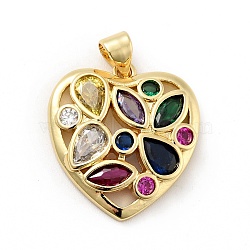 Rack Plating Brass Micro Pave Colorful Cubic Zirconia Pendants, Long-Lasting Plated, Lead Free & Cadmium Free, Heart, Real 18K Gold Plated, 21x19.5x4mm, Hole: 3.5x4mm(ZIRC-F129-40G)