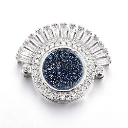Brass Micro Pave Cubic Zirconia Slide Charms, with Resin, Flat Round & Arch, Platinum, Prussian Blue, 22.5x27.5x9mm, Hole: 1.5x5mm(ZIRC-E157-02H-P)