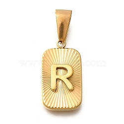 304 Stainless Steel Pendants, Rectangle with Letter Charm, Real 18K Gold Plated, Letter R, 22x12.5x4mm, Hole: 8x4mm(STAS-S161-01R-G)