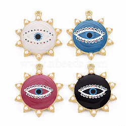 Rack Plating Printed Alloy Pendants, with Enamel and ABS Plastic Imitation Pearl, Cadmium Free & Nickel Free & Lead Free, Sun with Eye, Light Gold, Mixed Color, 36x31x4mm, Hole: 1.8mm(ENAM-Q445-008-NR)