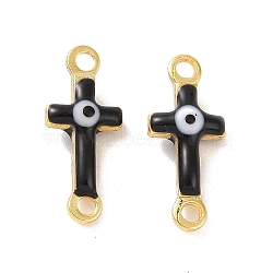 Brass Enamel Connector Charms, Real 18K Gold Plated, Religion Cross with Evil Eye Pattern, Black, 5.5x13x3mm, Hole: 1.2mm(KK-J302-08G-03)