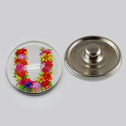 Holiday Buttons, Christmas Flat Round with Letter U Zinc Alloy Jewelry Snap Buttons, with Glass Cabochons, Platinum, Colorful, 18x8~10mm, Knob: 5~5.5mm(X-GLAA-R031-K186B)