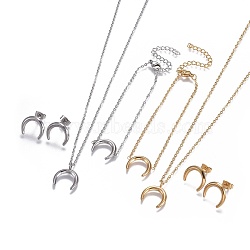 304 Stainless Steel Jewelry Sets, Pendant Necklaces, Stud Earrings and Bracelets, Double Horn/Crescent Moon , Mixed Color, 17.71 inches(45cm); 14x12.5x2mm, Pin: 0.7mm; 6-3/4 inches(17cm)(STAS-I108-07)