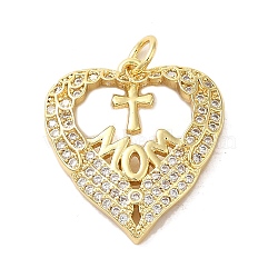 Mother's Day Brass Micro Pave Clear Cubic Zirconia Pendants, Heart, Real 16K Gold Plated, 21.5x19.5x3mm, Hole: 3mm(FIND-Z041-20J)