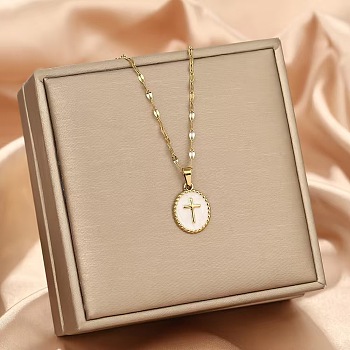 201 Stainless Steel Enamel Oval with Cross Pendant Necklaces, Golden, White, 17.72 inch(45cm)