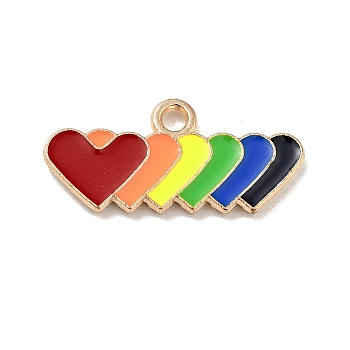 Rainbow Color Alloy Enamel Pendants, Heart Charms, Light Gold, Colorful, 10x21.5x1.5mm, Hole: 1.5mm
