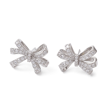 Bowknot Brass Stud Earrings, with Clear Cubic Zirconia, Long-Lasting Plated, Lead Free & Cadmium Free, Platinum, 14.5x19mm