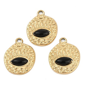 Natural Black Onyx(Dyed & Heated) Flat Round Pendants, with Ion Plating(IP) 304 Stainless Steel Findings, Real 18K Gold Plated, 19x15.5x4mm, Hole: 1.6mm