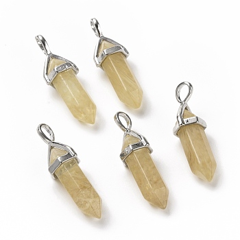 Dark Khaki Watermelon Stone Glass Pendants, Faceted, with Platinum Tone Brass Findings, Lead free & Cadmium Free, Bullet, 27~30x9~10x7~8mm, Hole: 4x3mm