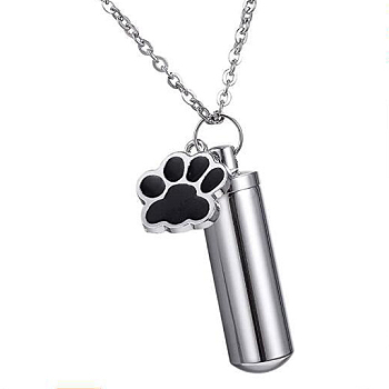 Column and Paw Urn Ashes Pendant Necklace, 201 Stainless Steel Pet Memorial Jewelry for Men Women, Stainless Steel Color, Pendant: 15.3x14.8mm