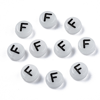 Acrylic Beads, with Enamel and Luminous, Horizontal Hole, Flat Round with Black Letter, Glow in the Dark, Light Grey, Letter.F, 7x3.5mm, Hole: 1.5mm, about 3600~3700pcs/500g