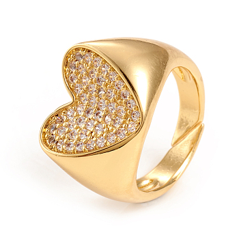 Adjustable Brass Micro Pave Clear Cubic Zirconia Cuff Rings, Open Rings, Heart, Golden, Size 7, Inner Diameter: 17mm