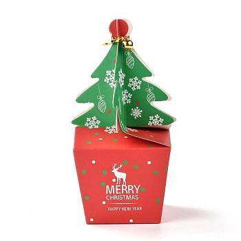 Christmas Theme Paper Fold Gift Boxes, with Iron Wire & Bell, for Presents Candies Cookies Wrapping, Christmas Tree Pattern, 9x9x15.5cm