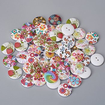 2-Hole Printed Wooden Buttons, for Sewing Crafting, Flat Round, Dyed, Mixed Color, 20x4mm, Hole: 2mm, about 50pcs/bag