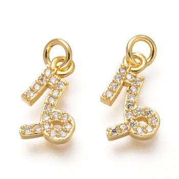 Brass Micro Pave Clear Cubic Zirconia Pendants, Real 18K Gold Plated, with Jump Rings, 12 Constellations, Cadmium Free & Lead Free, Capricorn, 11.5x6.5x2mm, Hole: 2mm