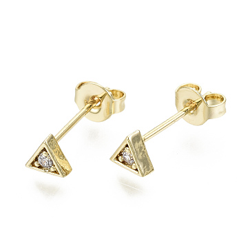 Brass Micro Pave Clear Cubic Zirconia Stud Earrings, with Ear Nuts, Nickel Free, Triangle, Real 16K Gold Plated, 4.5x5mm, Pin: 0.8mm