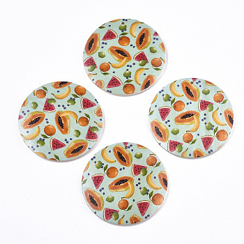 Fruit Seris Printed Wood Pendants, Flat Round with Papaya Pattern, Pale Turquoise, 30x5mm, Hole: 1.6mm