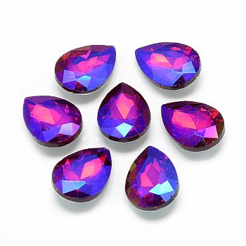 Pointed Back Glass Rhinestone Cabochons, Back Plated, Faceted, AB Color Plated, teardrop, Red, 25x18x6mm