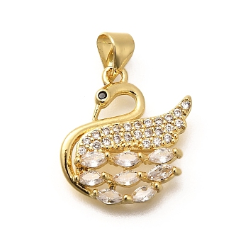 Rack Plating Brass Micro Pave Cubic Zirconia Pendants, Long-Lasting Plated, Lead Free & Cadmium Free, Swan Charms, Real 18K Gold Plated, 18.5x17x4mm, Hole: 5x3mm