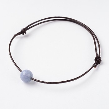 Adjustable Cowhide Leather Cord Bracelets, with Natural Quartz(Dyed) Round Beads, Imitation Aquamarine, 60mm