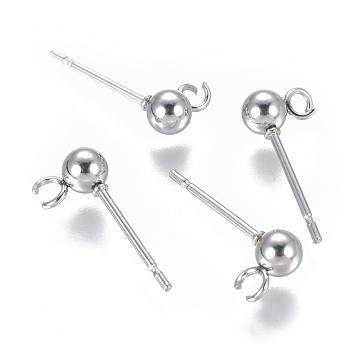 304 Stainless Steel Ear Stud Components, with Loop, Ball, Stainless Steel Color, 15x4mm, Hole: 1.5~2mm, Pin: 0.8mm