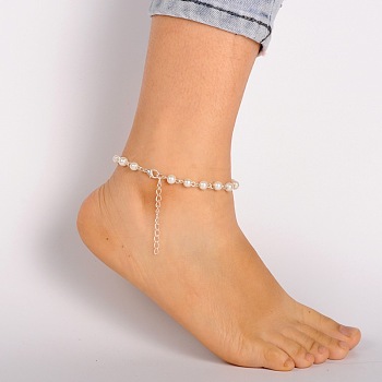 Trendy Glass Pearl Anklets, with Zinc Alloy Lobster Claw Clasps and Iron End Chains, Beige, 230mm