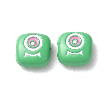 Spray Painted Alloy Enamel Beads, Square with Eye, Medium Sea Green, 10x10x4mm, Hole: 1.8mm