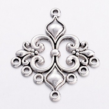 Tibetan Style Alloy Chandelier Component Links, Lead Free and Cadmium Free and Nickel Free, Rhombus, Antique Silver, 35x29x2mm, Hole: 1.5mm