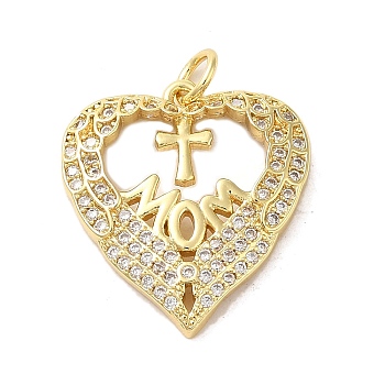 Mother's Day Brass Micro Pave Clear Cubic Zirconia Pendants, Heart, Real 16K Gold Plated, 21.5x19.5x3mm, Hole: 3mm