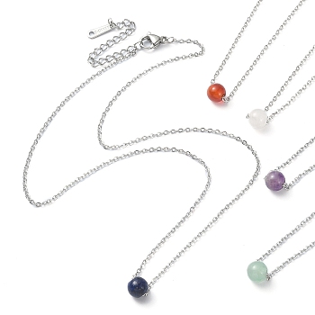 Mixed Gemstone Round Bead Pendant Necklaces, Stainless Steel Cable Chain Necklace, for Women, 15-3/4 inch(40cm)