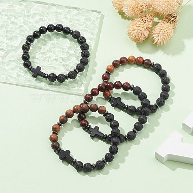 Natural & Synthetic Mixed Gemstone & Wood Cross Beaded Stretch Bracelet(BJEW-JB09623)-2