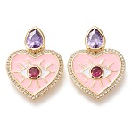 Brass Micro Pave Cubic Zirconia Pendants, Cadmium Free & Lead Free, with Enamel, Long-Lasting Plated, Heart & Teardrop & Eye, Pink, Golden, 27x20.5x4.5mm, Hole: 7x1mm(ZIRC-I044-22G)