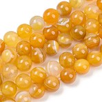 Natural Striped Agate/Banded Agate Beads Strands, Dyed, Round, Yellow, 10mm, Hole: 1.2mm, about 19pcs/strand, 7.60''(19.3cm)(G-Z060-A01-C20)