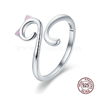 Adjustable 925 Sterling Silver Enamel Finger Cuff Rings, Open Rings, with 925 Stamp, Cat, Pink, 2~12mm(RJEW-FF0007-19AS)