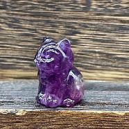 Natural Fluorite Carved Healing Cat Figurines, Reiki Energy Stone Display Decorations, 40mm(WG60889-05)