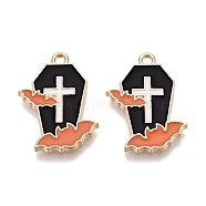 Halloween Theme Rack Plating Alloy Enamel Pendants, Golden, Coffin with Bat Charm, Dark Orange, 21.5x16x1.5mm, Hole: 1.6mm(ENAM-N056-357B)