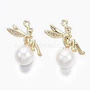 Brass Micro Pave Cubic Zirconia Pendants, with Acrylic Imitation Pearl, Nickel Free, Flying Elf, Real 18K Gold Plated, Clear, Seashell Color, 20.5x16x8mm, Hole: 1mm(X-KK-R132-044-NF)