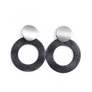 PU Leather Dangle Stud Earrings, with 304 Stainless Steel Stud Earring Findings, Ring, Gray, 57mm, pin: 0.8mm(EJEW-JE03294-01)
