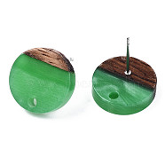 Resin & Walnut Wood Stud Earring Findings, with 304 Stainless Steel Pin, Flat Round, Medium Sea Green, 14mm, Hole: 1.8mm, Pin: 0.7mm(MAK-N032-007A-H03)