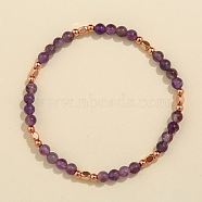 Natural Amethyst & Brass Bead Stretch Bracelets for Women, Rose Gold, 6-7/8 inch(17.5cm)(HH3302-4)