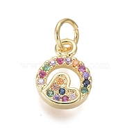 Brass Micro Pave Cubic Zirconia Charms, with Jump Rings, Flat Round with Heart, Colorful, Golden, 11x8x2mm, Hole: 3mm(ZIRC-I032-57G)