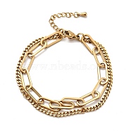 Vacuum Plating 201 Stainless Steel Paper & Curb Chains Double Layered Multi-strand Bracelet for Women, Golden, 7-1/2 inch(19.2cm)(BJEW-A126-19G)
