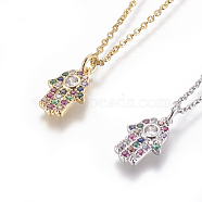 304 Stainless Steel Pendant Necklaces, with Brass Cubic Zirconia Pendants, Religion, Hamsa Hand/Hand of Fatima/Hand of Miriam, Mixed Color, 17.32 inch~17.71 inch(44~45cm), Pendant: 15x10x2.5mm(NJEW-E141-07)