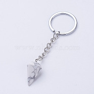 Natural Howlite Keychain, with Iron Key Rings and Brass Finding, Cone/Spike/Pendulum, Platinum, 95~123mm, 29~30x14~15mm(KEYC-E023-07H)