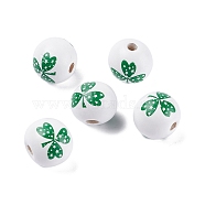 Saint Patrick's Day Theme Spray Painted Natural Wood Beads, with Clover Pattern, Dark Green, 15.5~16mm, Hole: 4mm(WOOD-C010-01)