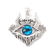 Glass Pendants, with Antique Silver Plated Alloy Findings, Skull with Evil Eye, Dodger Blue, 37.5x39x6mm, Hole: 6x4mm(FIND-A015-03A-AS)