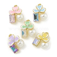 Rack Plating Alloy Enamel Pendants, with Rhinestones and ABS Plastic Imitation Pearls, Lead Free & Cadmium Free, Flower Charm, Golden, Mixed Color, 15x13x10.5mm, Hole: 1.5mm(FIND-M033-02)